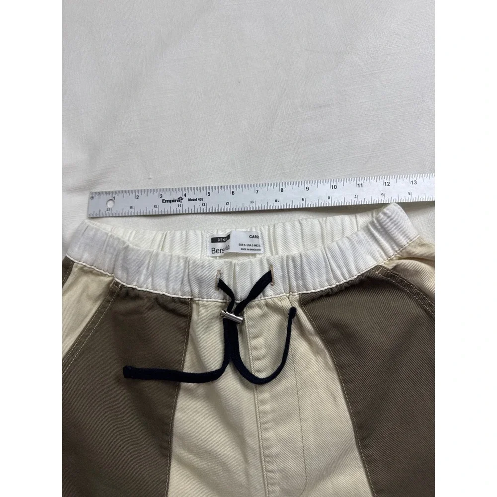 Bershka Colorblock Cargo Pants Mens Small Beige White Patchwork Utility Trousers